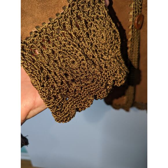 Vintage 90s Y2K Static Brown Suede Crochet Patched Blazer Boho Size Medium - Picture 7 of 9